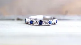 14K White Gold Vintage Classic Multi Side Face Diamond with Sapphire Ring Wedding Engagement Ring Milgrain Etching Band