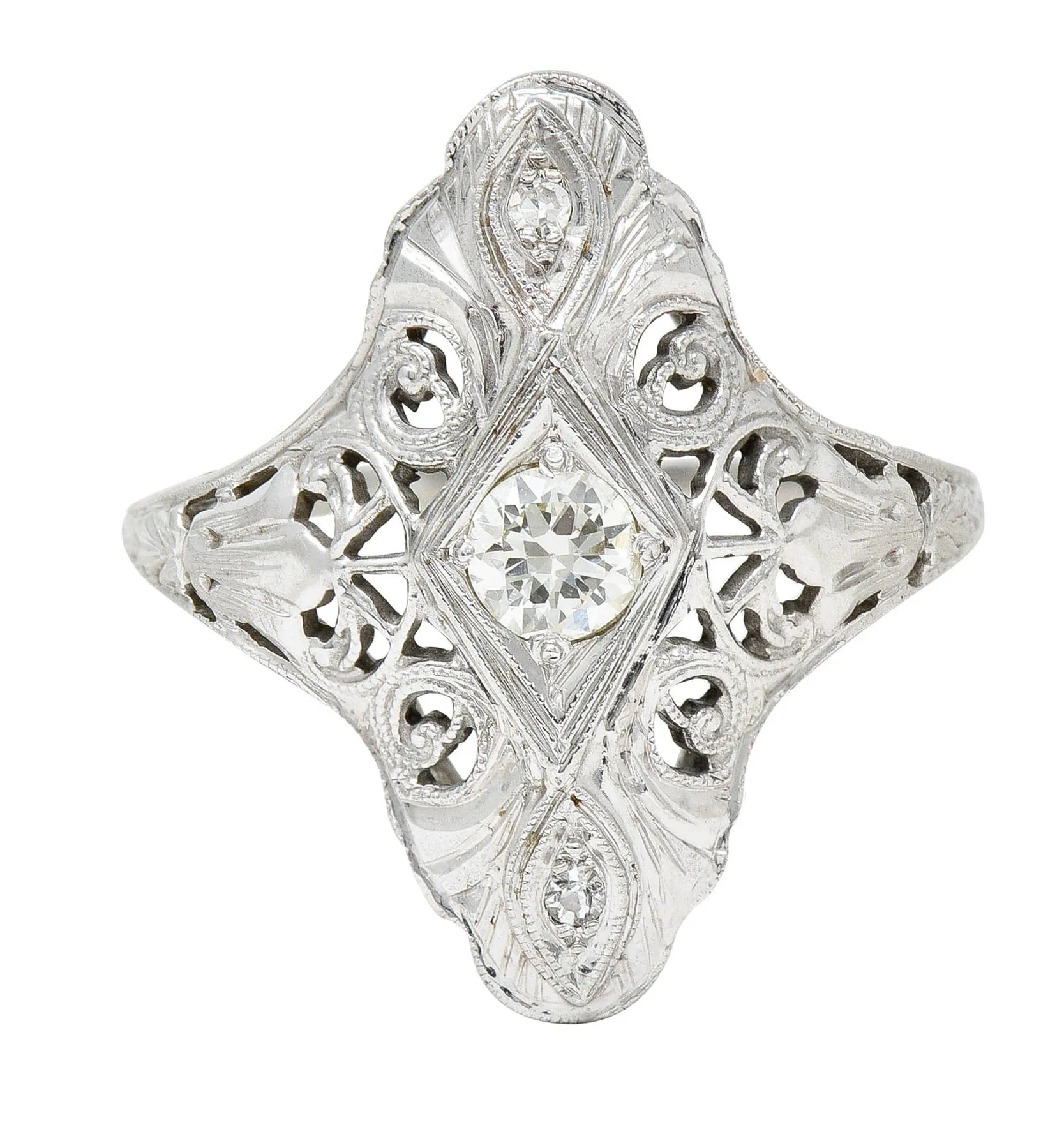 1920's Art Deco 0.30 CTW Diamond 18 Karat White Gold Lotus Dinner Ring