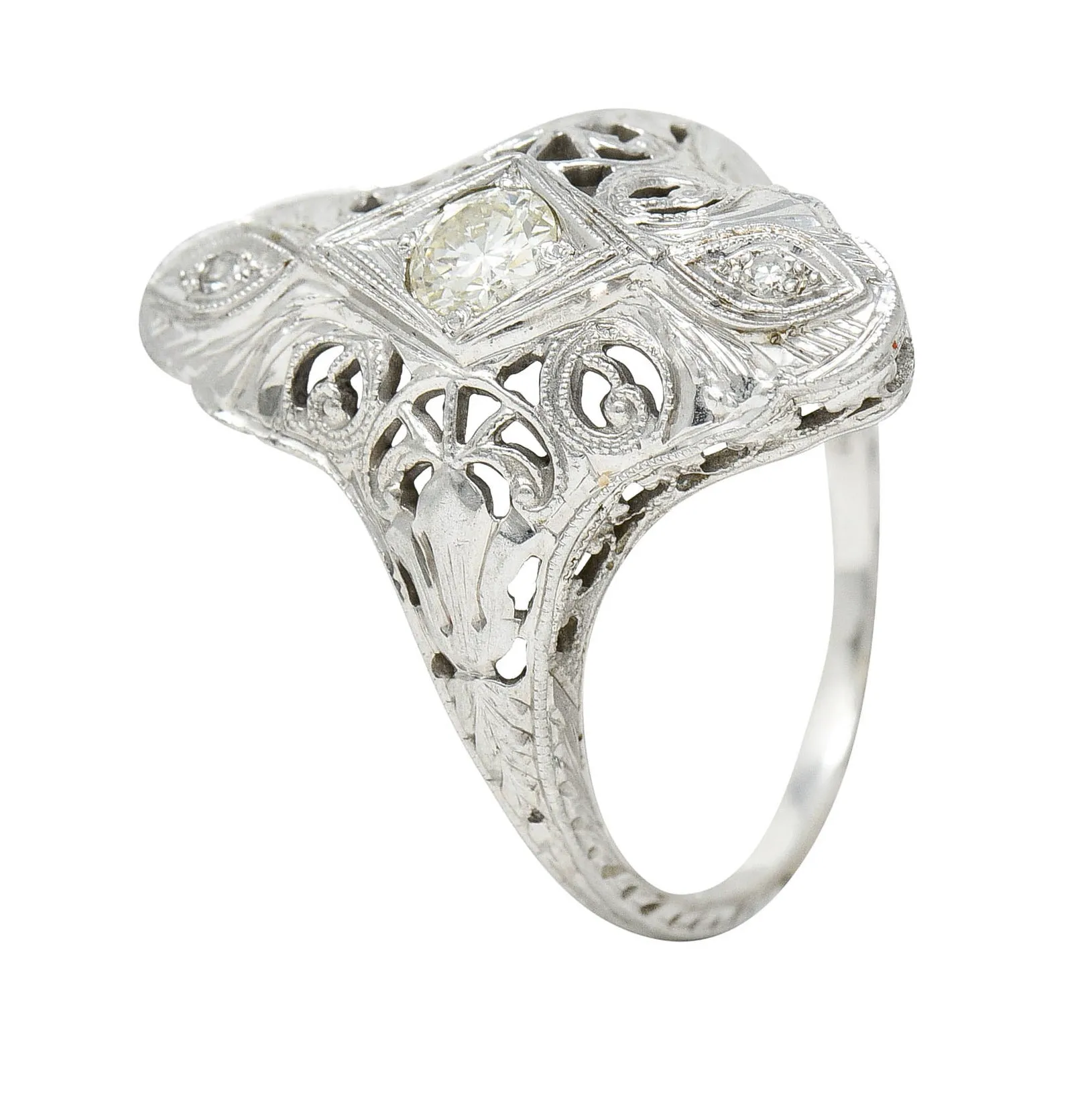 1920's Art Deco 0.30 CTW Diamond 18 Karat White Gold Lotus Dinner Ring