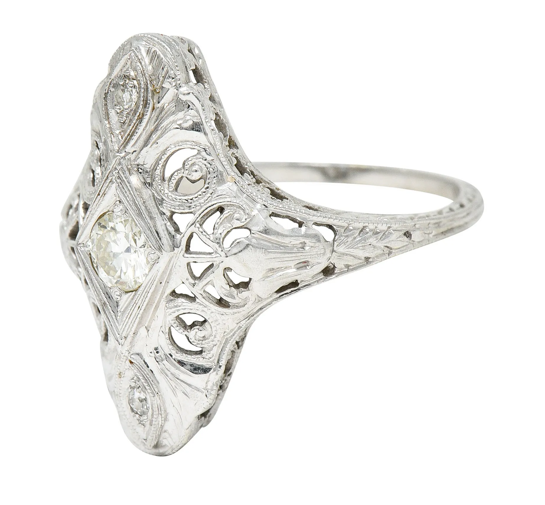 1920's Art Deco 0.30 CTW Diamond 18 Karat White Gold Lotus Dinner Ring