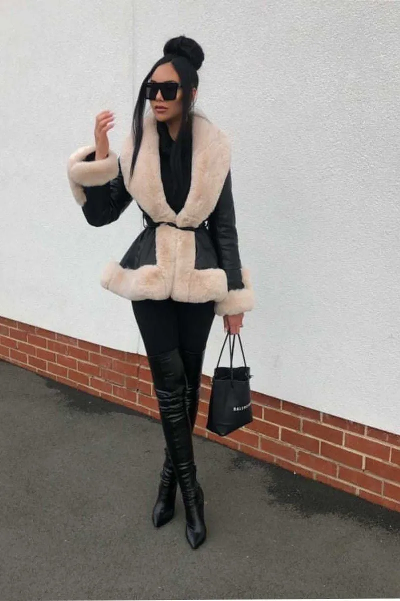 Beige faux fur black belted short coat