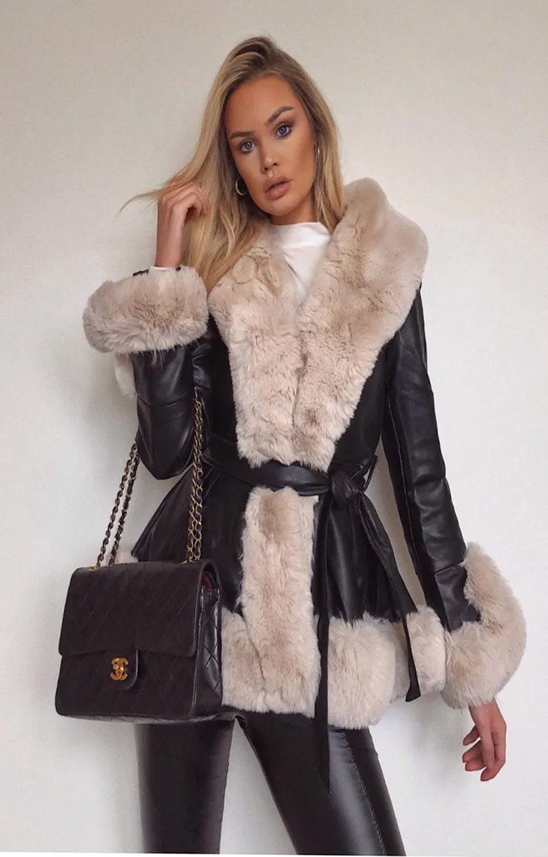 Beige faux fur black belted short coat