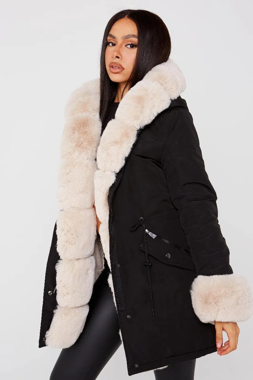 Black Cream Faux Fur Detail Hood Coat