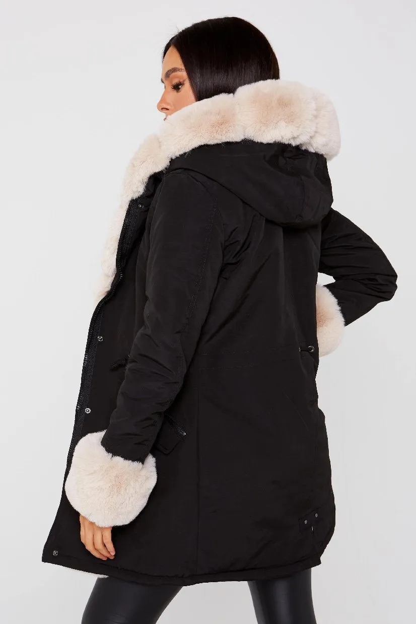 Black Cream Faux Fur Detail Hood Coat