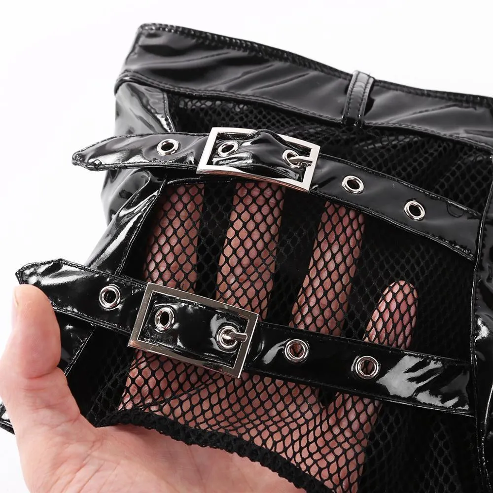 Booty Shorts Sheer Fishnet Splice Wetlook Leather Zip Up