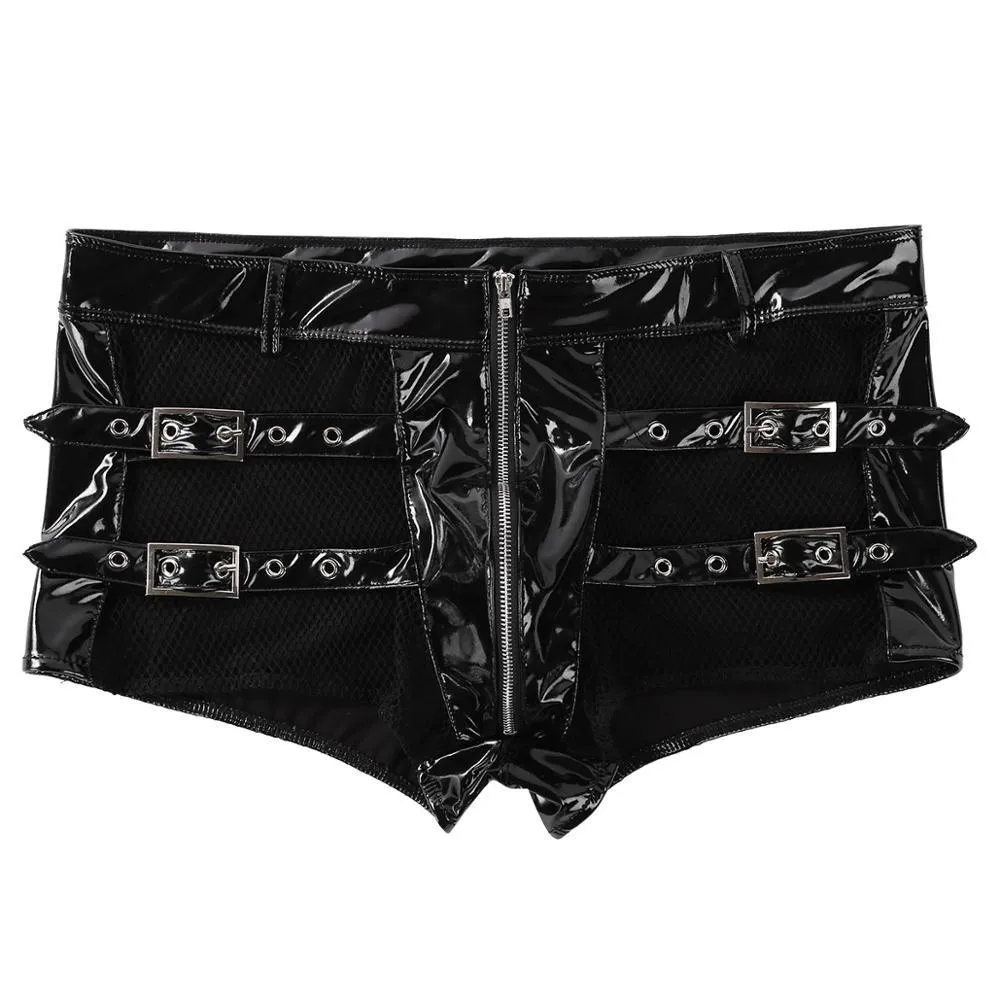 Booty Shorts Sheer Fishnet Splice Wetlook Leather Zip Up