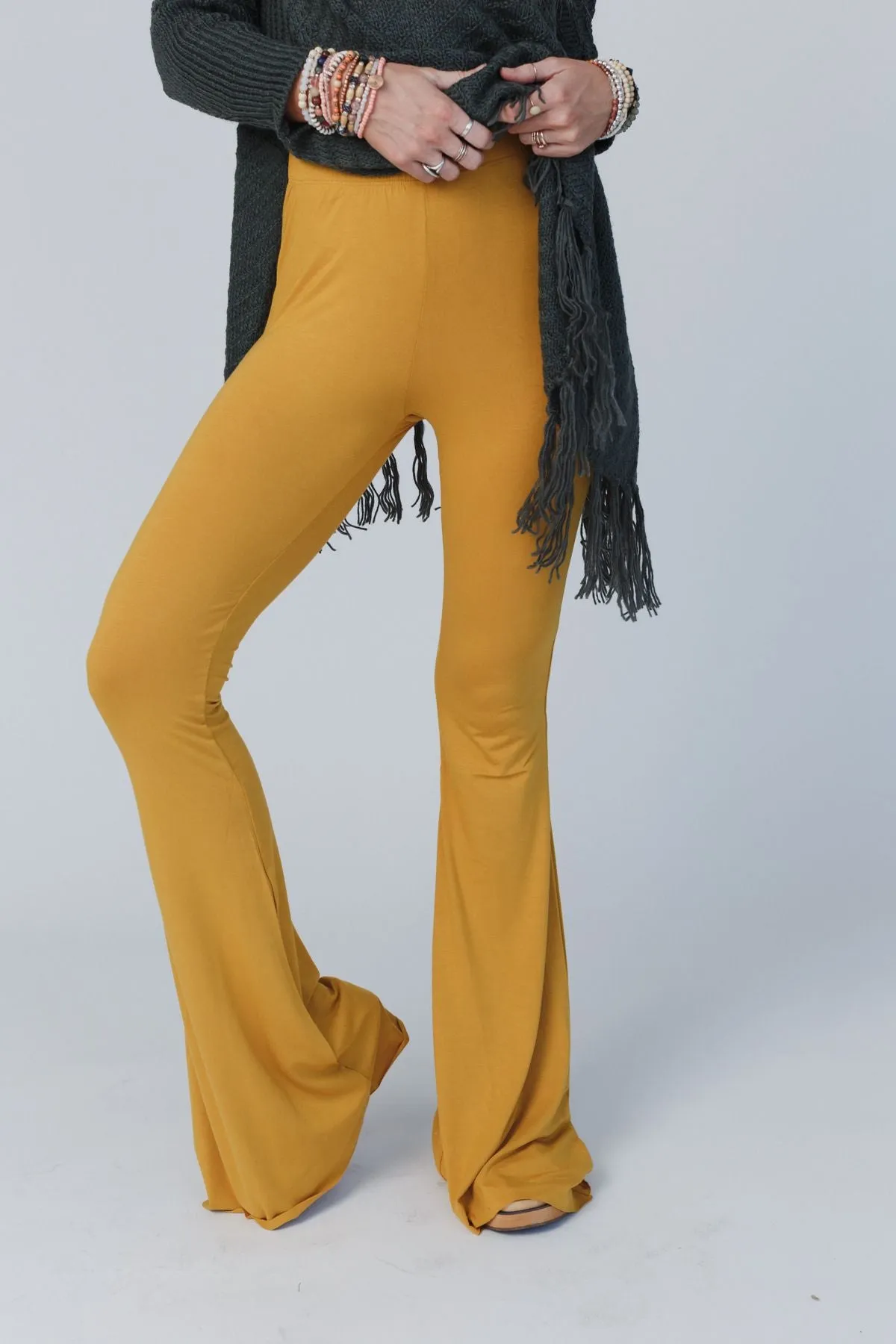 Cher Solid Raw Edge Flare Pant - Mustard Yellow