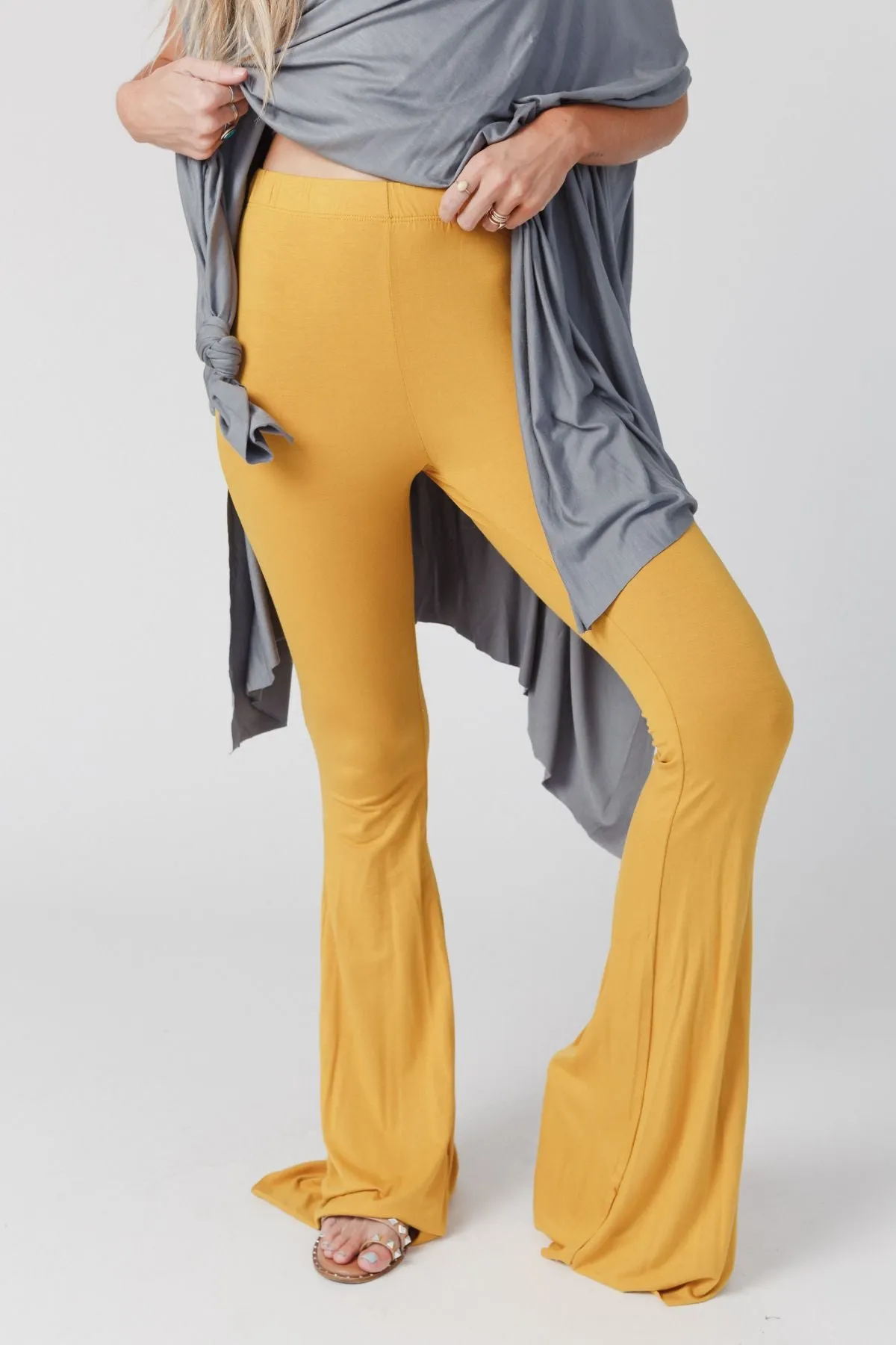 Cher Solid Raw Edge Flare Pant - Mustard Yellow