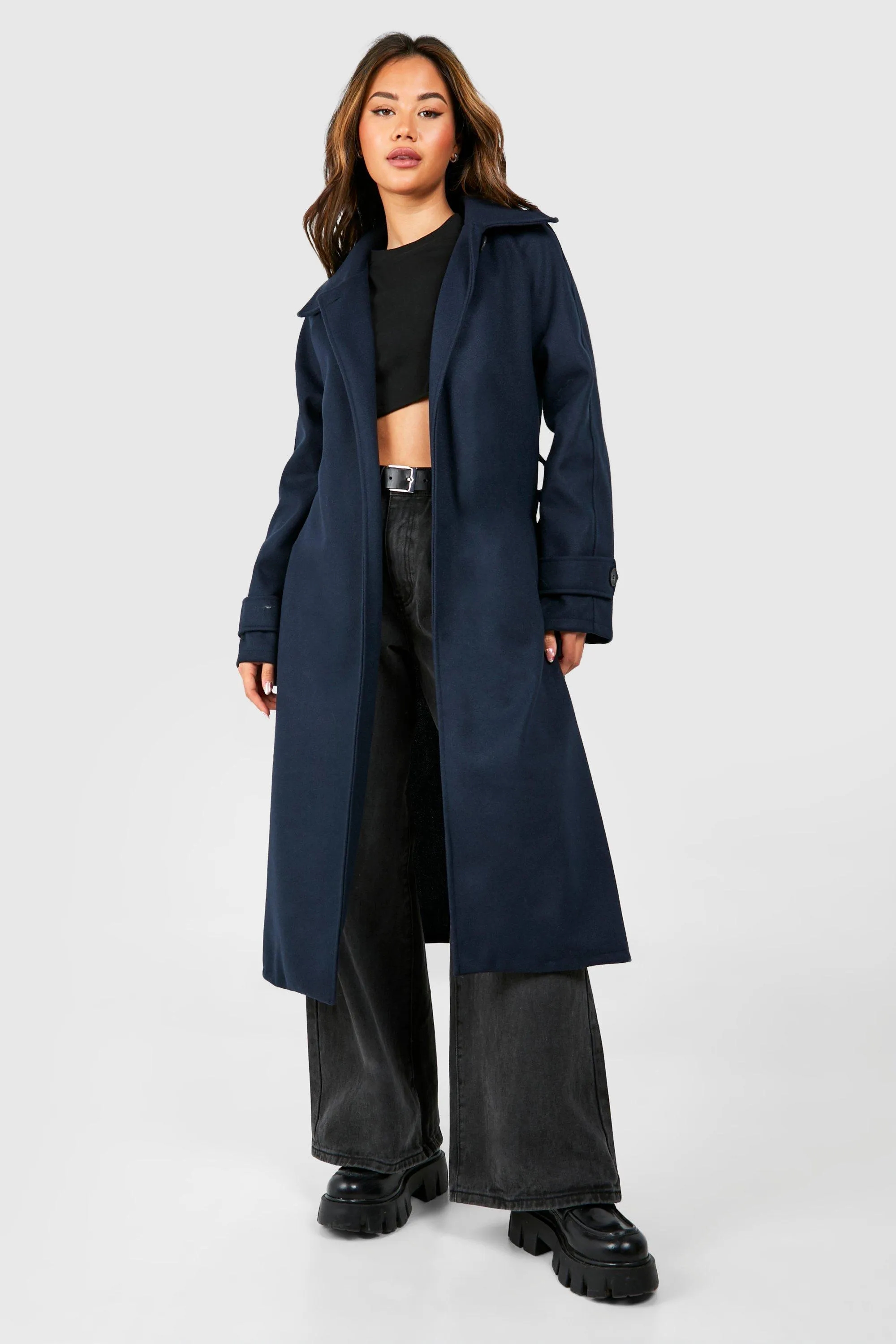 Collared Belted Wool Look Coat