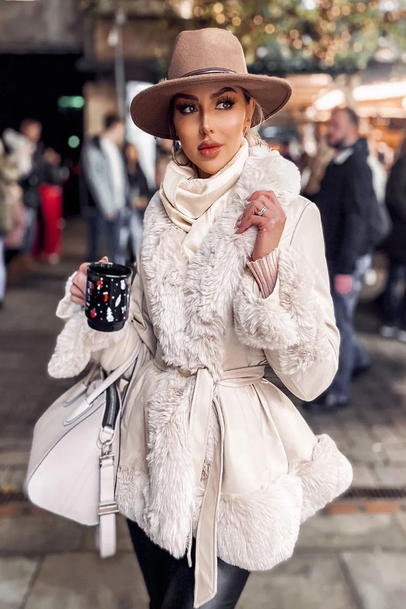 Cream faux fur Cream belted short coat