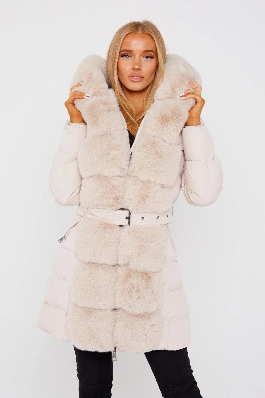 Cream Faux Fur Detail Hood Coat With Belt