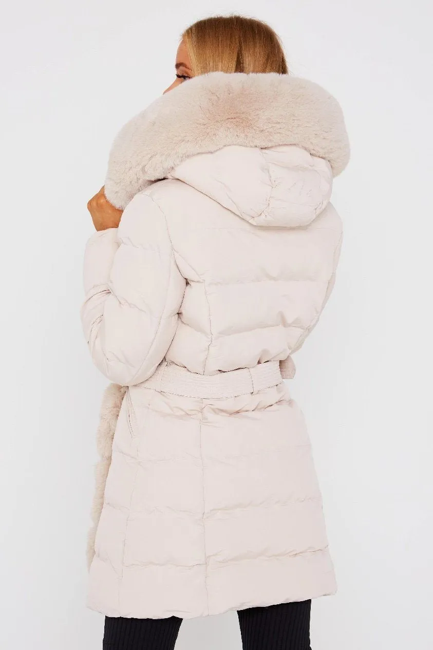 Cream Faux Fur Detail Hood Coat With Belt