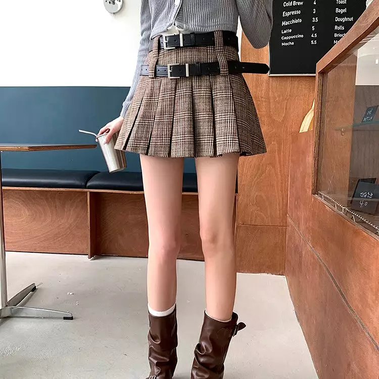 Double Belt Brown Pleat Skirt