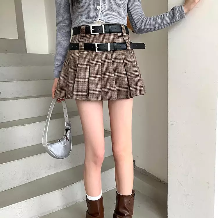 Double Belt Brown Pleat Skirt