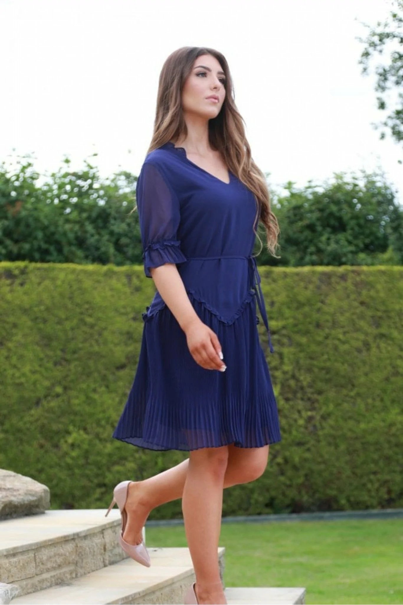 Double Second Navy Chiffon Pleat Detail Dress