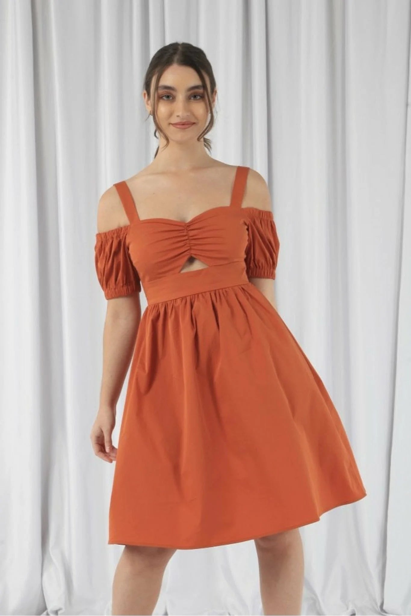 Double Second Orange Bardot Ruched Dress