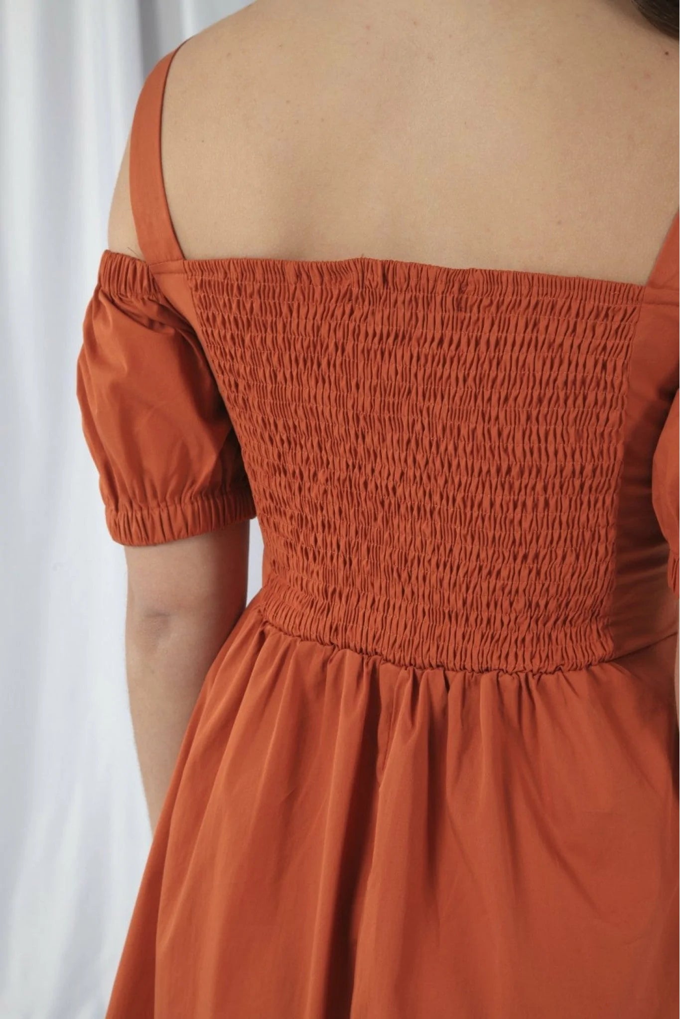 Double Second Orange Bardot Ruched Dress