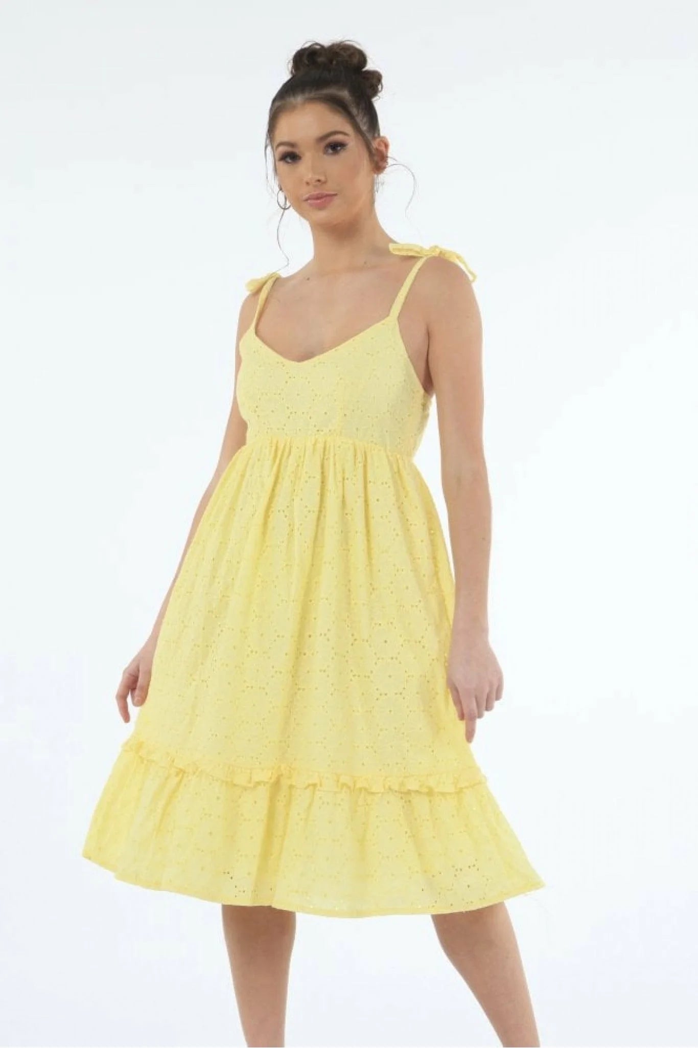 Double Second Yellow Tie Strap Broiderie Dress