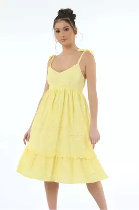 Double Second Yellow Tie Strap Broiderie Dress