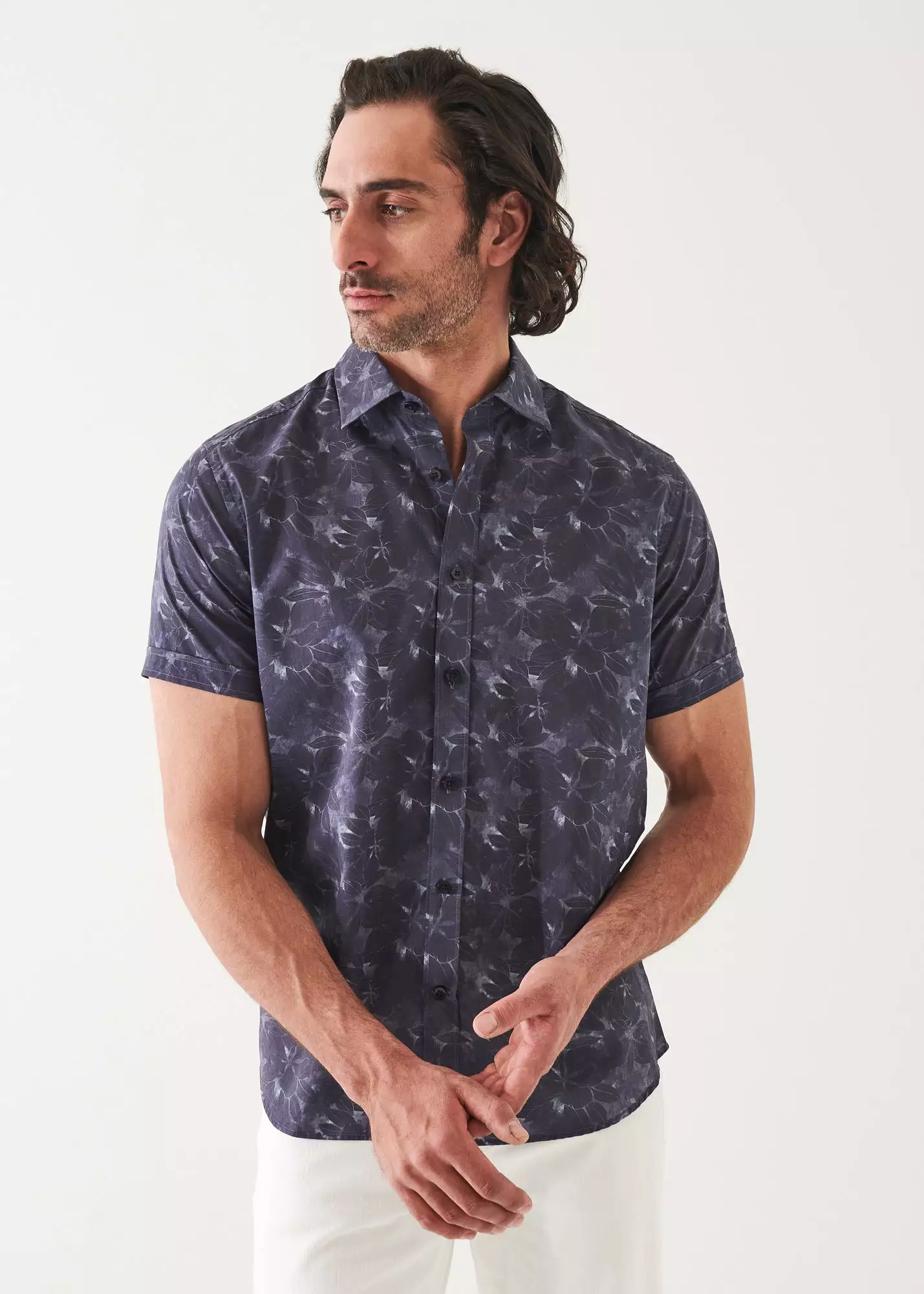 FADED FLORAL PRINT COTTON SHORT SLEEVE SHIRT