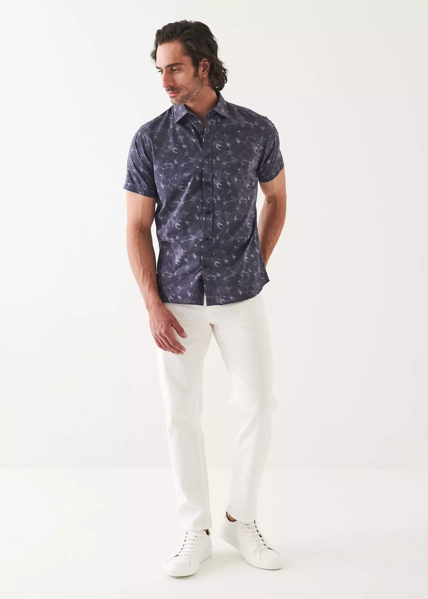 FADED FLORAL PRINT COTTON SHORT SLEEVE SHIRT