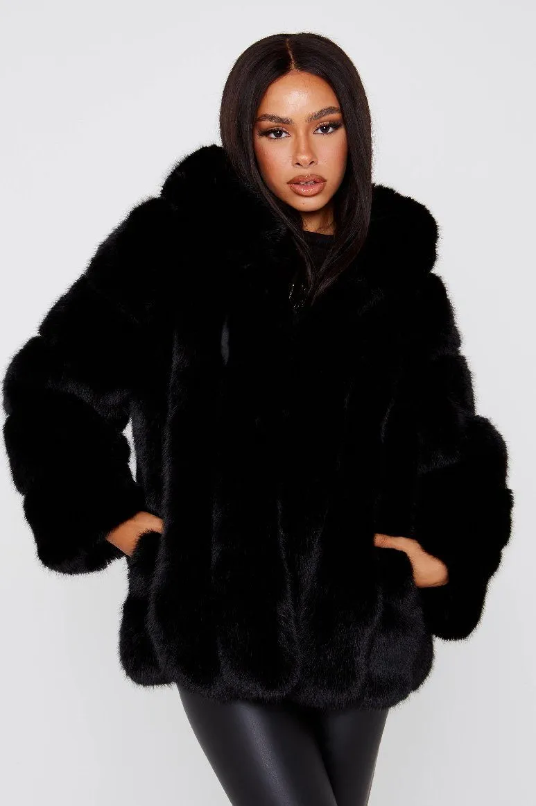 Faux Fur Black Hooded Coat