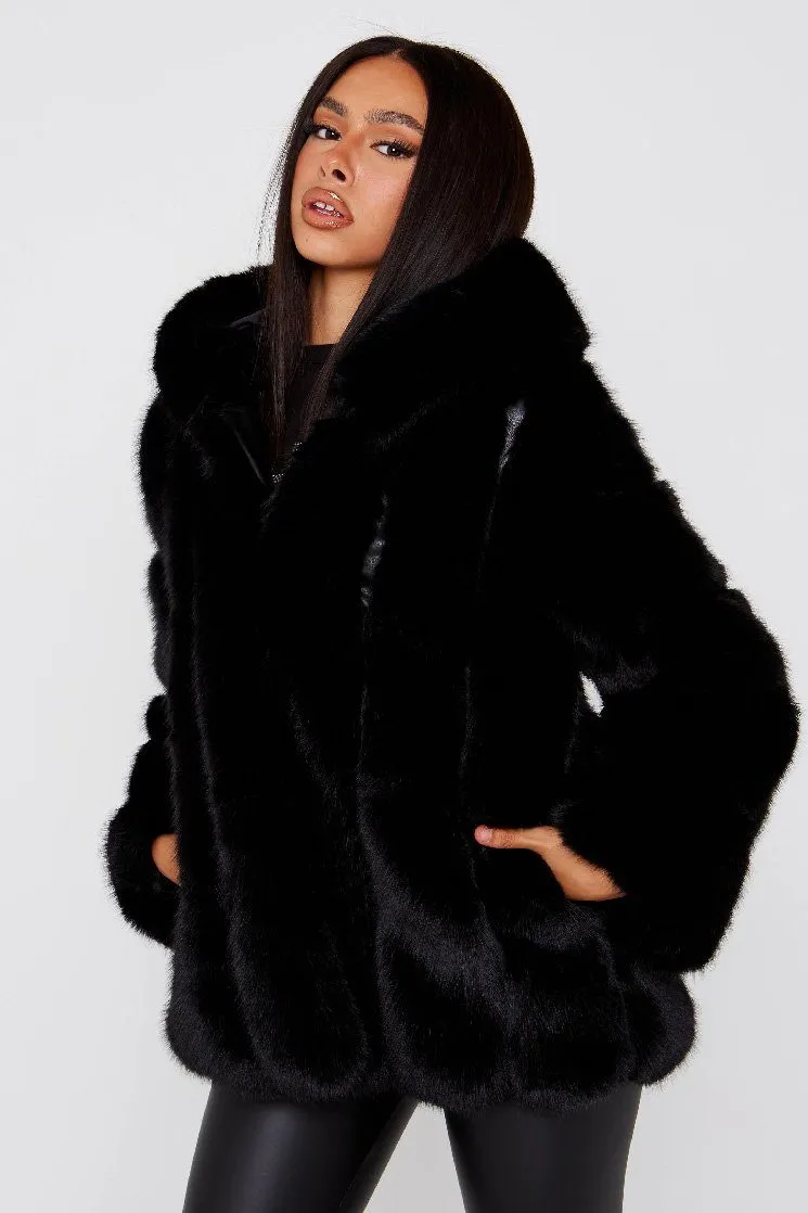 Faux Fur Black Hooded Coat