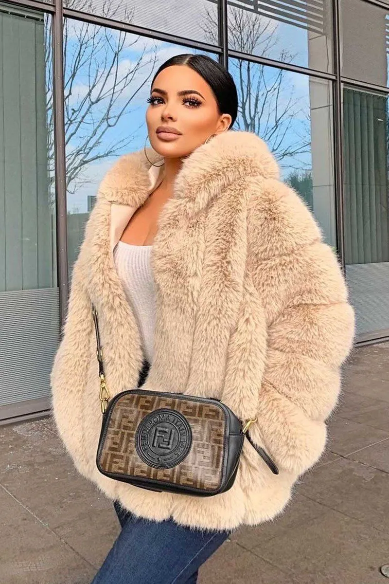 Faux Fur Hooded Beige Coat