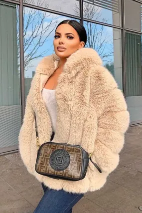 Faux Fur Hooded Beige Coat