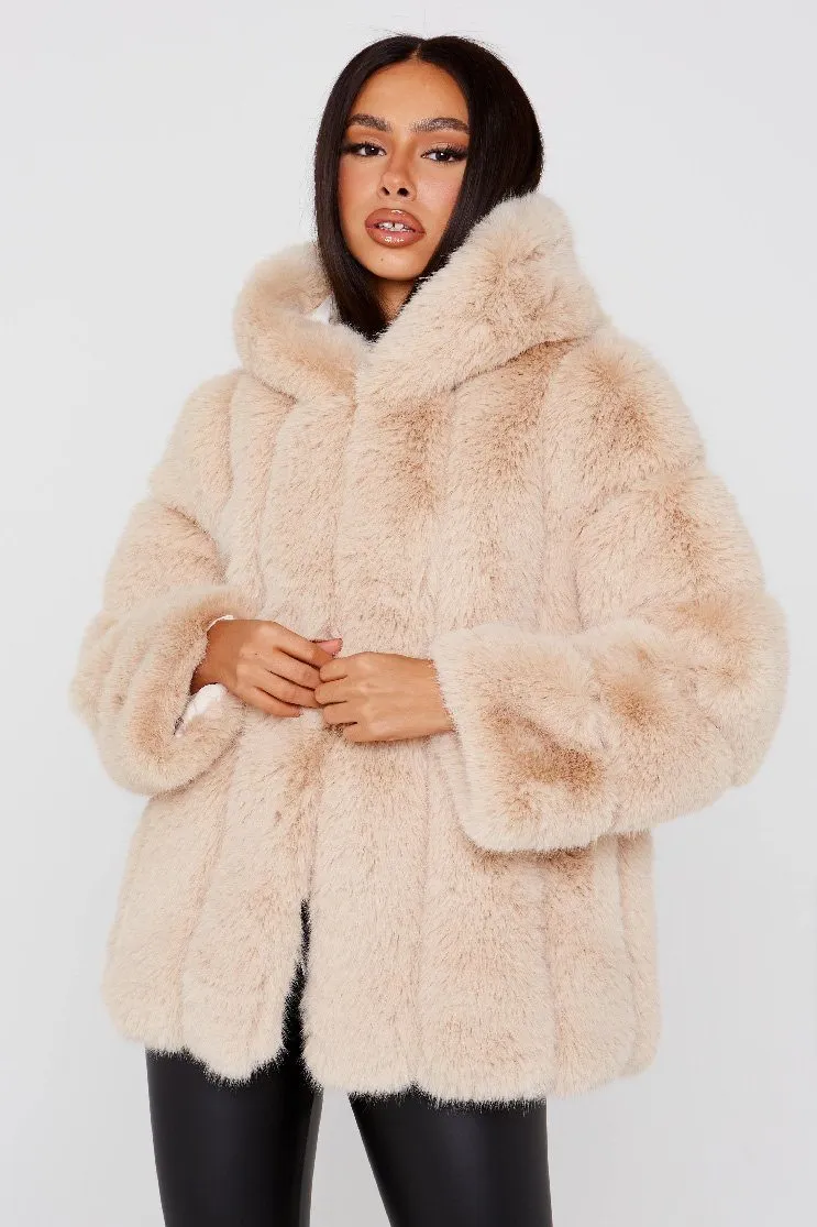 Faux Fur Hooded Beige Coat