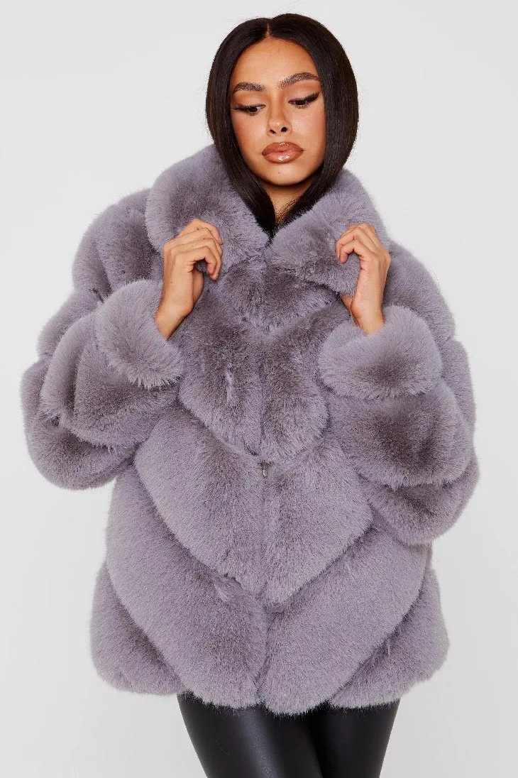 Five Row Faux Fur Grey Coat