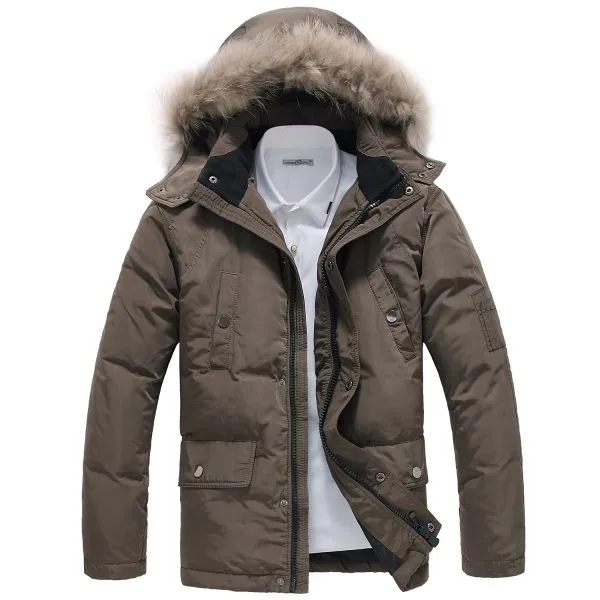 Fur Lined Hooded Winter Parka for Men with Chest Pockets