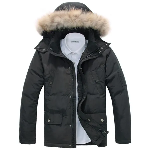 Fur Lined Hooded Winter Parka for Men with Chest Pockets