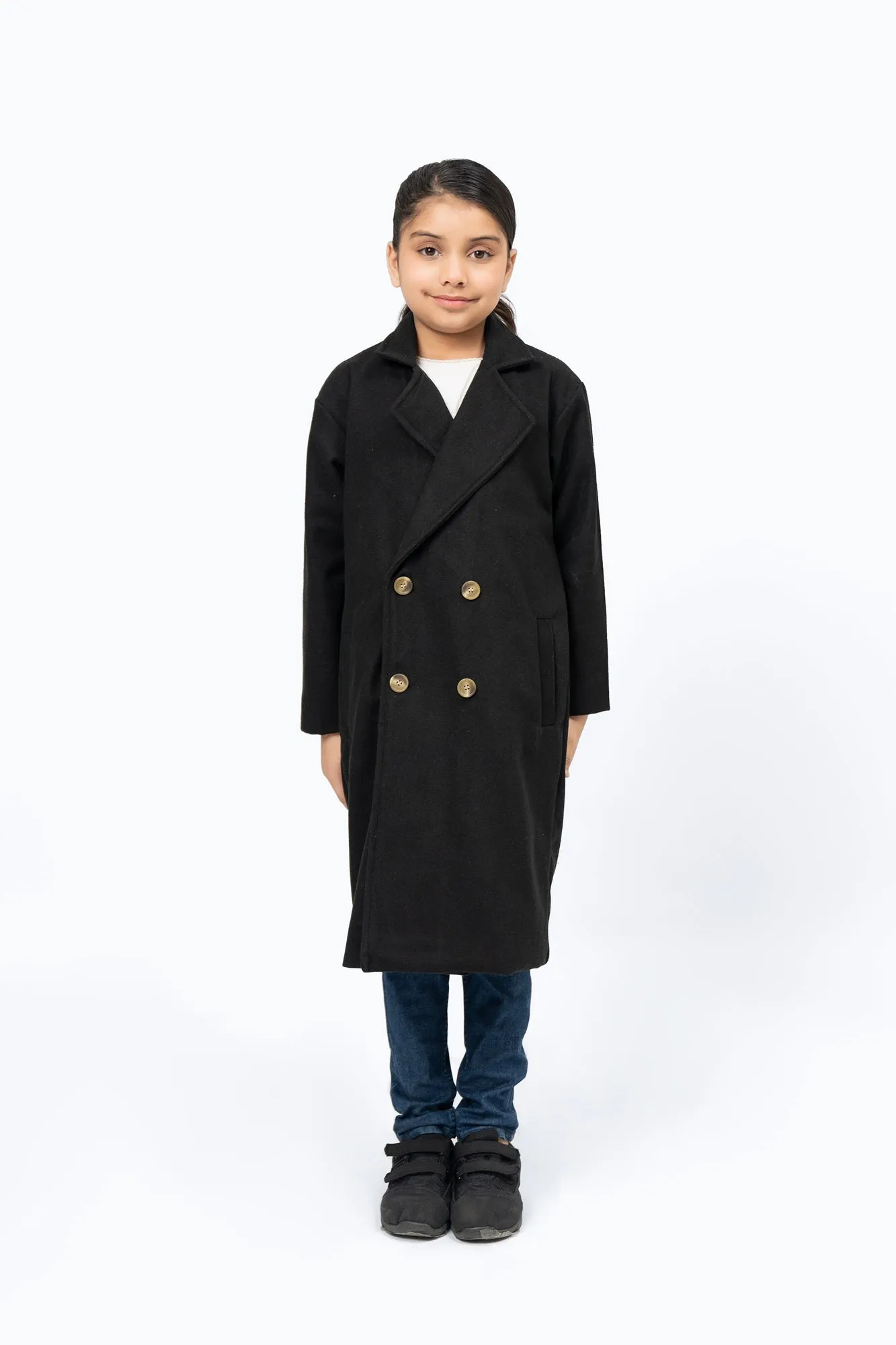 Girls Double Breasted Wool Coat - Black