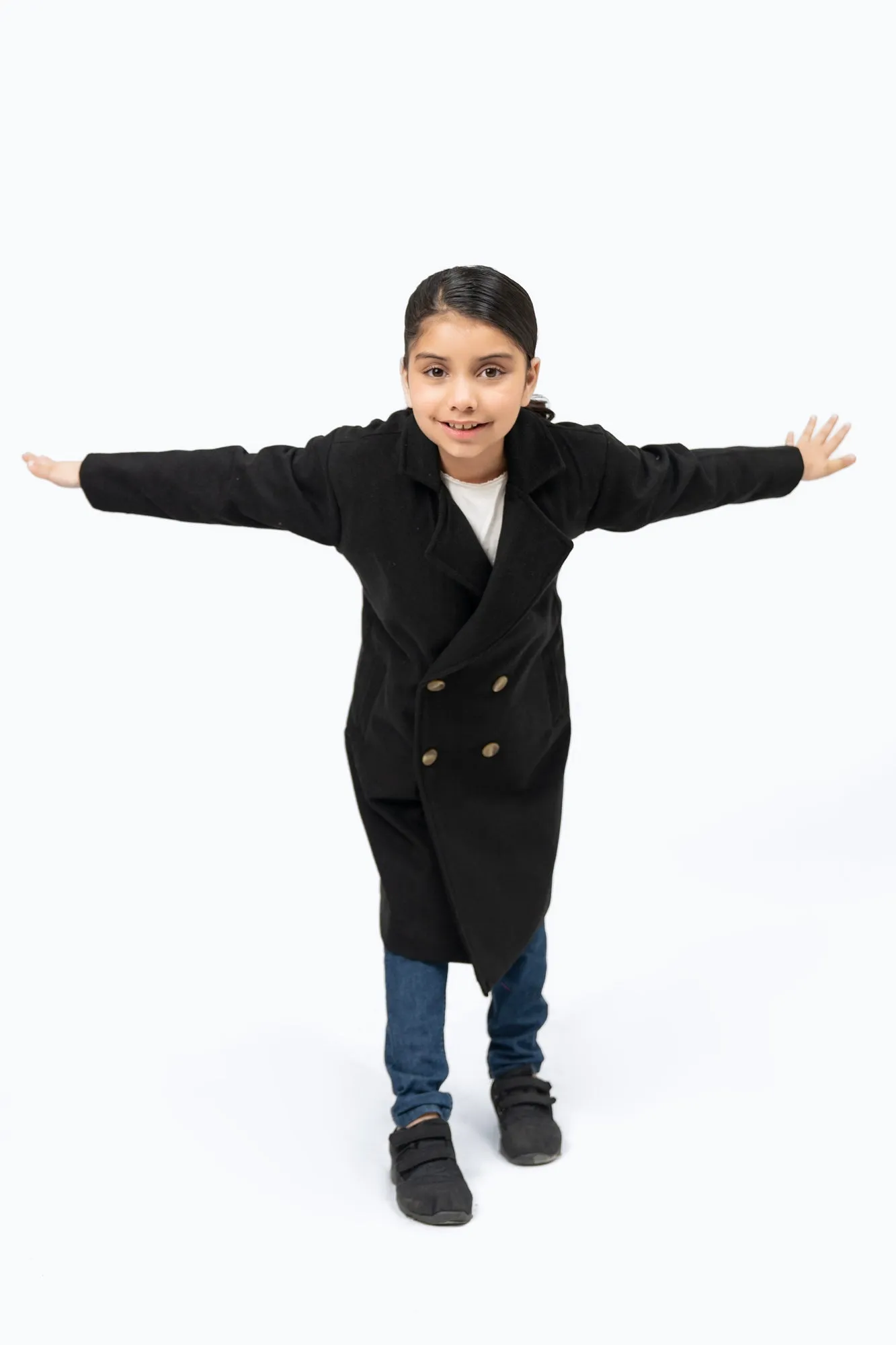 Girls Double Breasted Wool Coat - Black