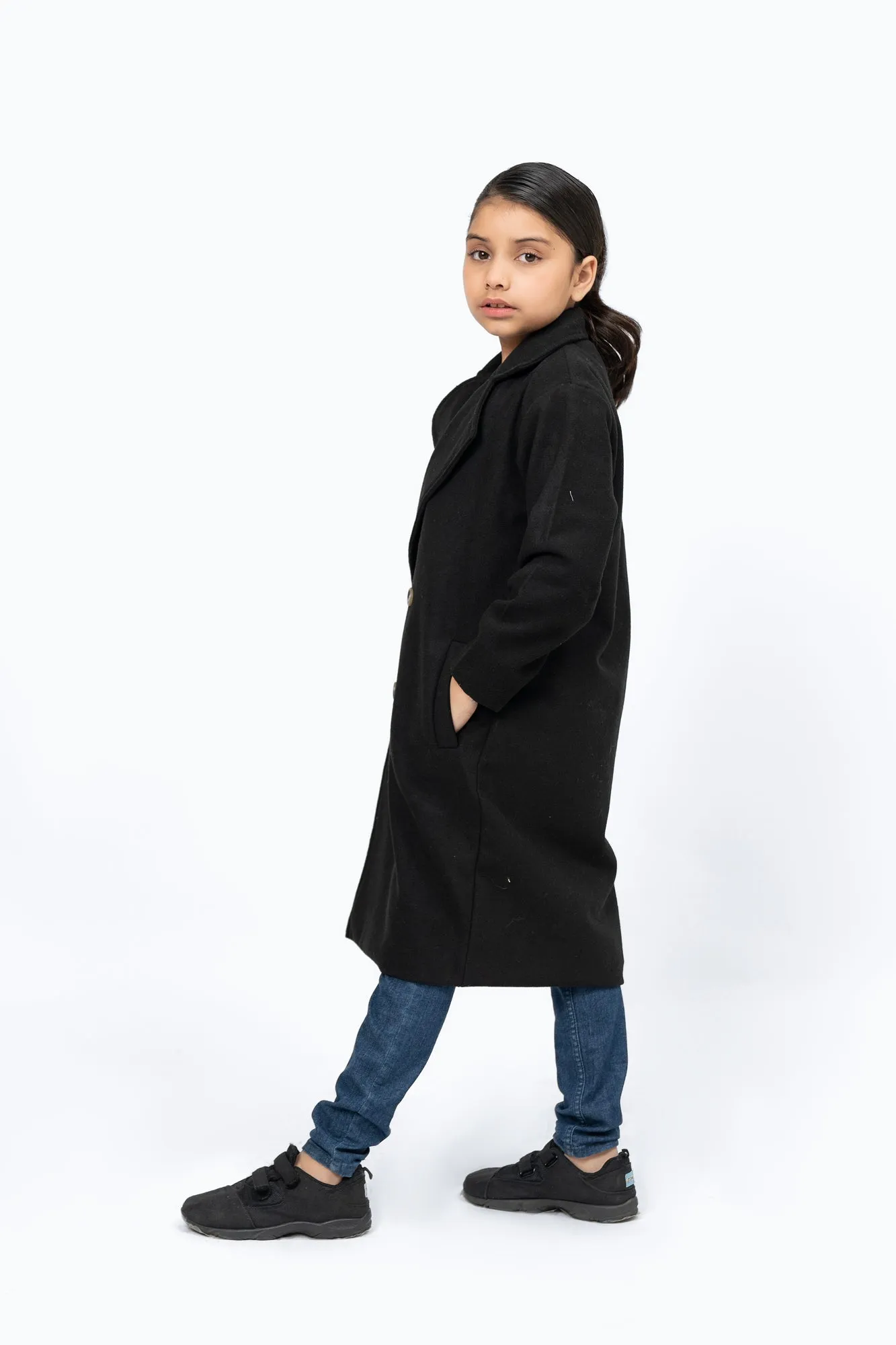 Girls Double Breasted Wool Coat - Black