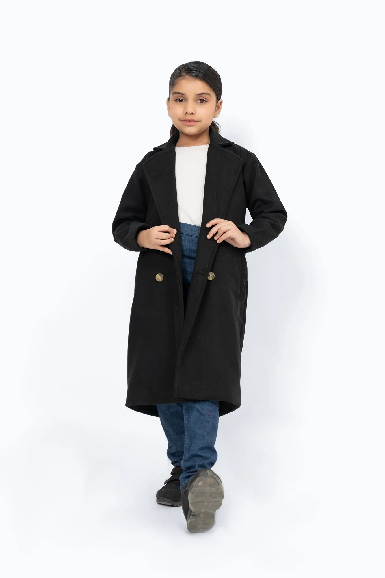 Girls Double Breasted Wool Coat - Black