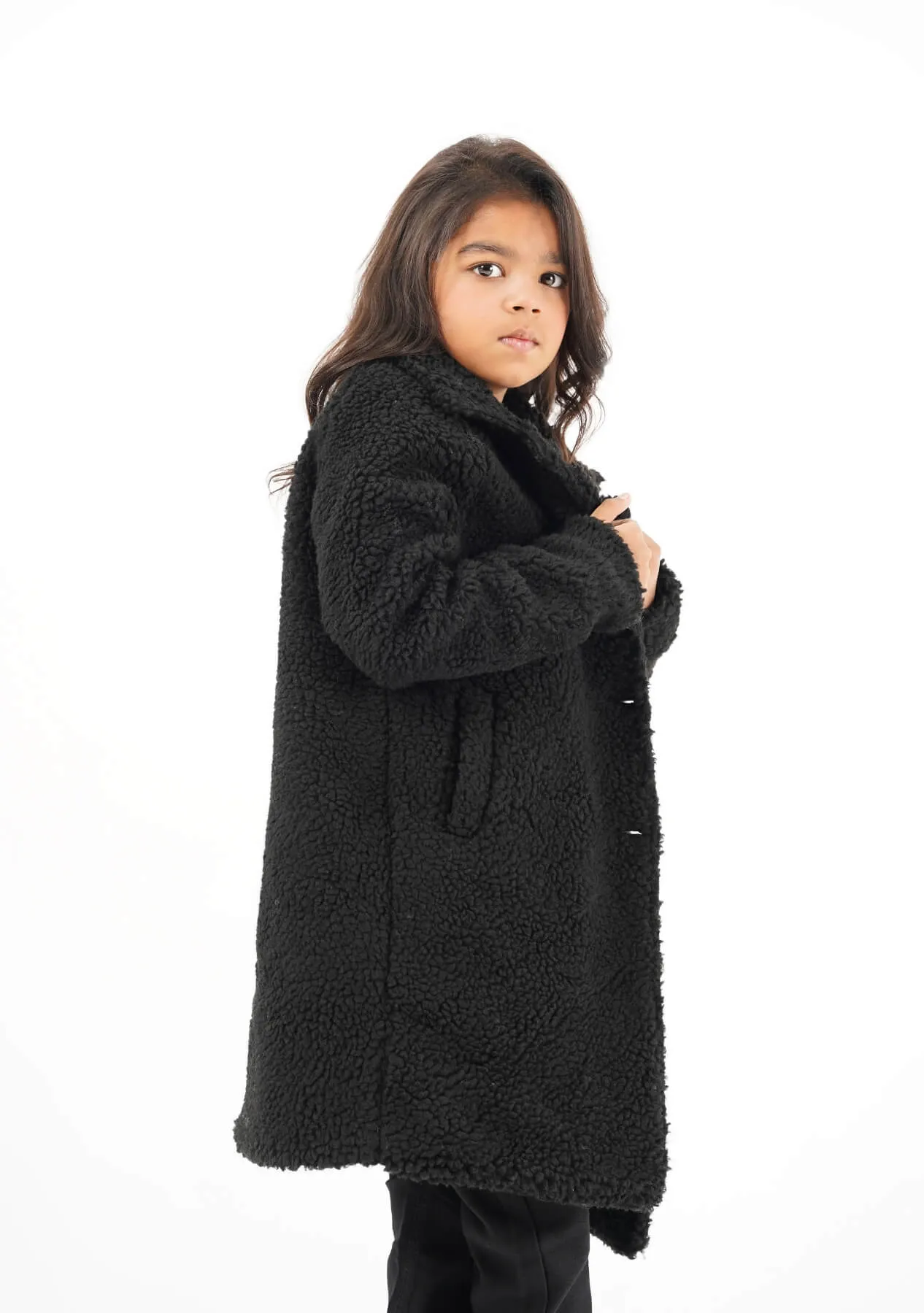 Girls Sherpa Long Coat - Black