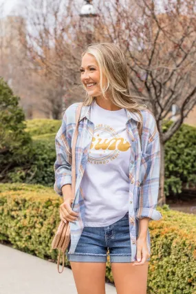 Kindness Is Free Plaid Button Top- Denim Blue