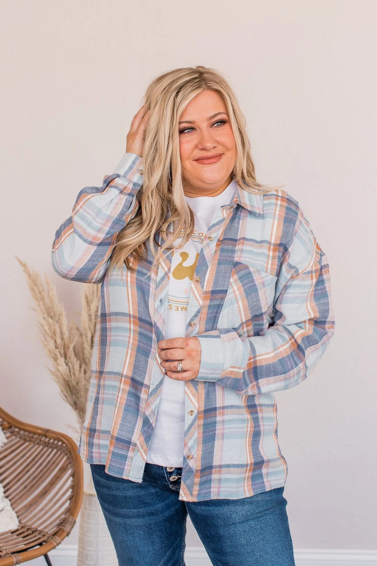 Kindness Is Free Plaid Button Top- Denim Blue