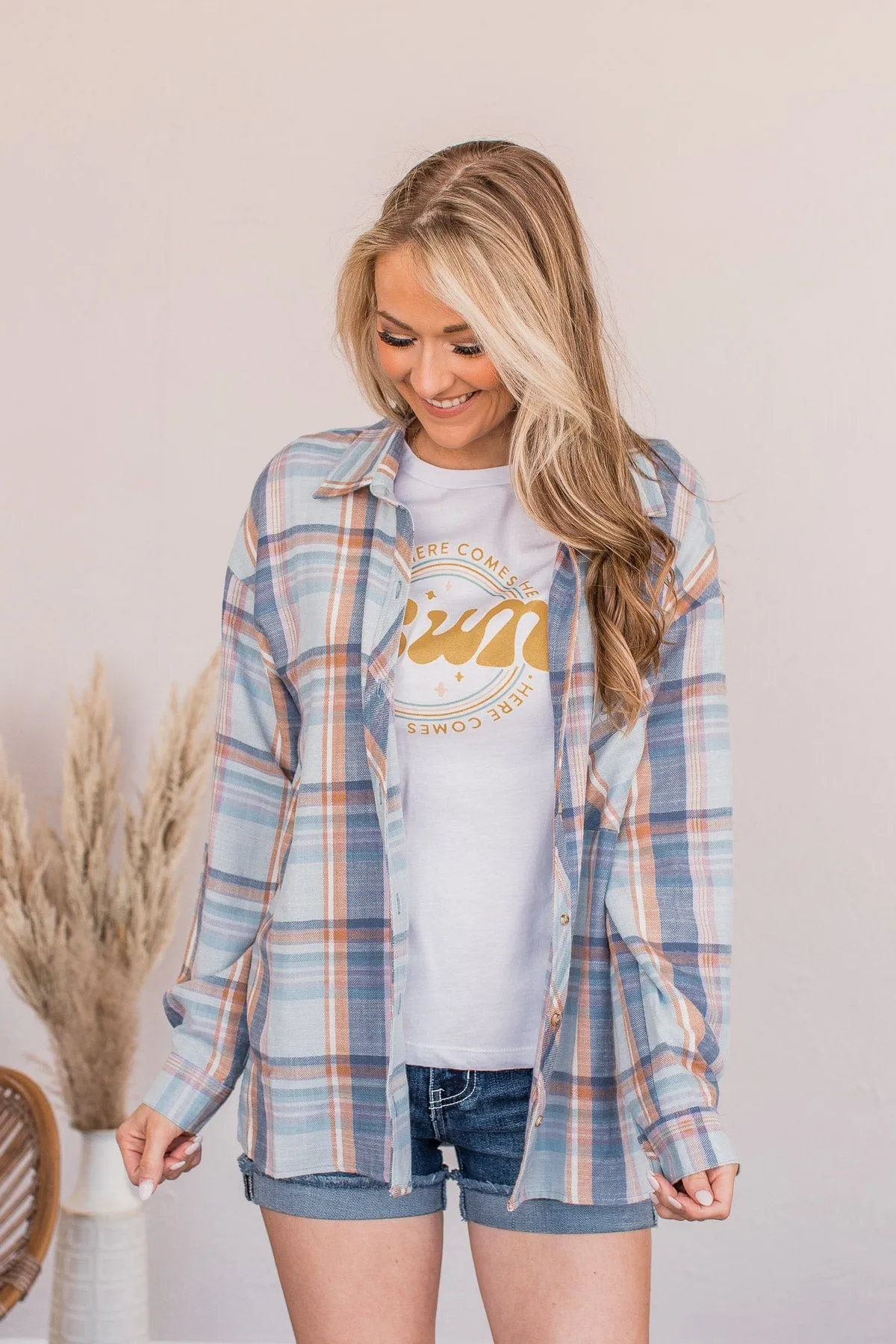 Kindness Is Free Plaid Button Top- Denim Blue