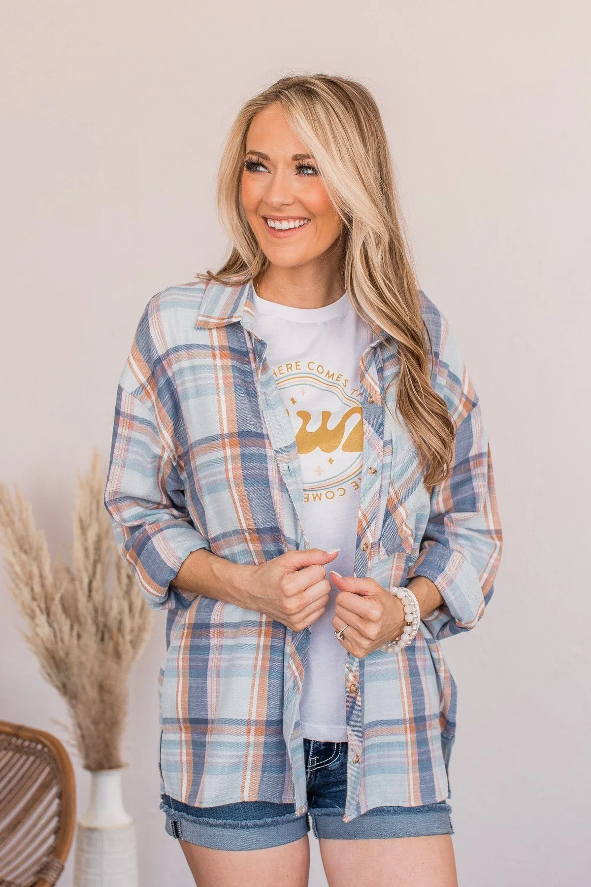 Kindness Is Free Plaid Button Top- Denim Blue