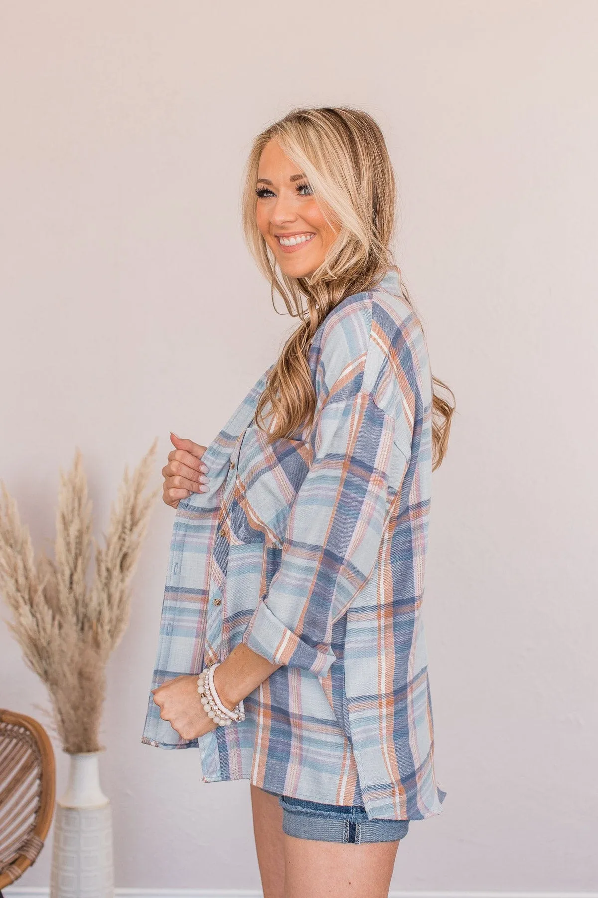 Kindness Is Free Plaid Button Top- Denim Blue