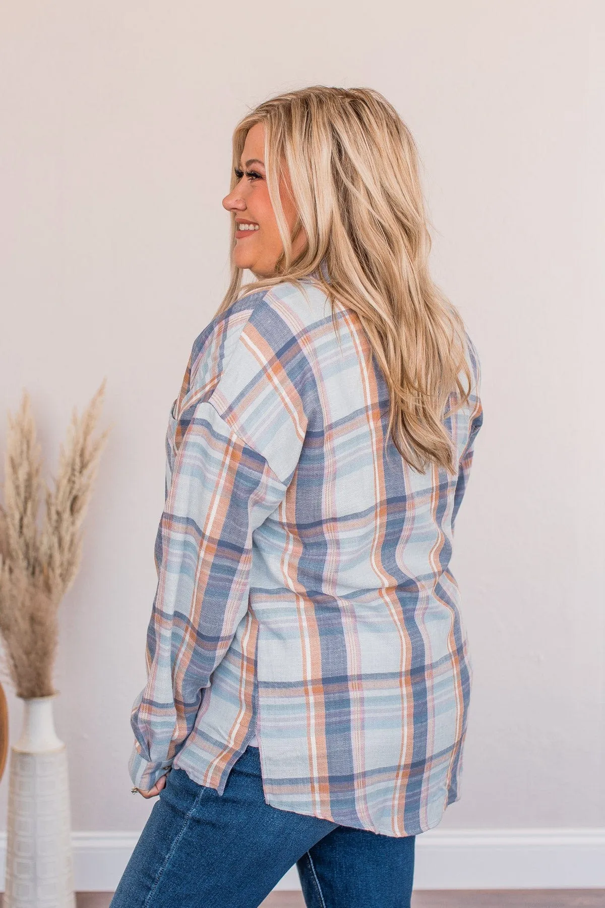 Kindness Is Free Plaid Button Top- Denim Blue