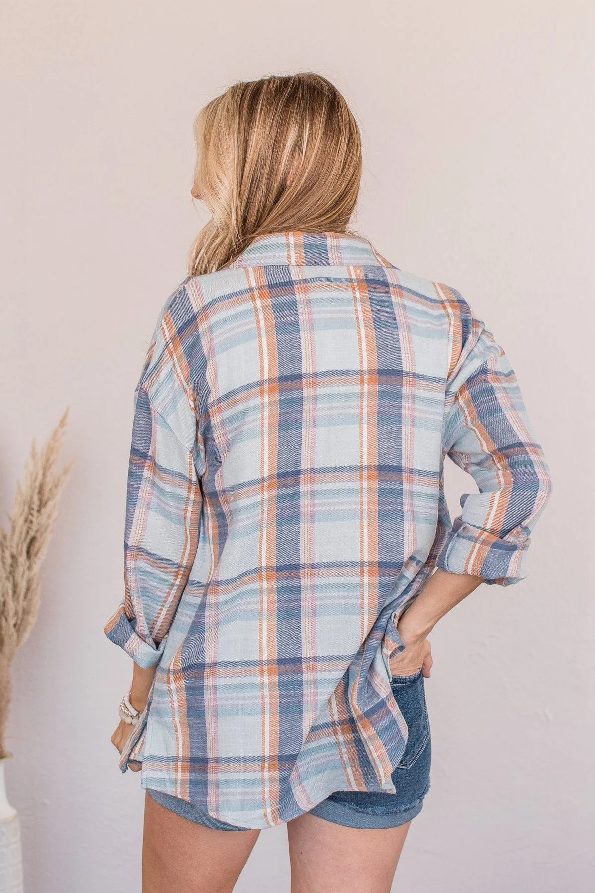 Kindness Is Free Plaid Button Top- Denim Blue