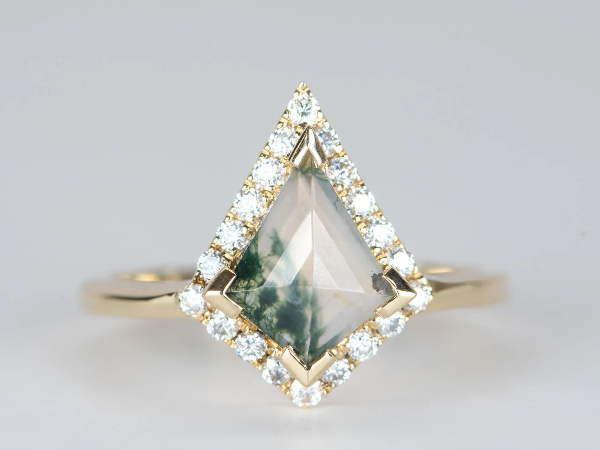 Kite Shape Moss Agate with Moissanite Halo 14K Yellow Gold Engagement Ring R6312