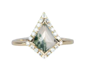 Kite Shape Moss Agate with Moissanite Halo 14K Yellow Gold Engagement Ring R6312