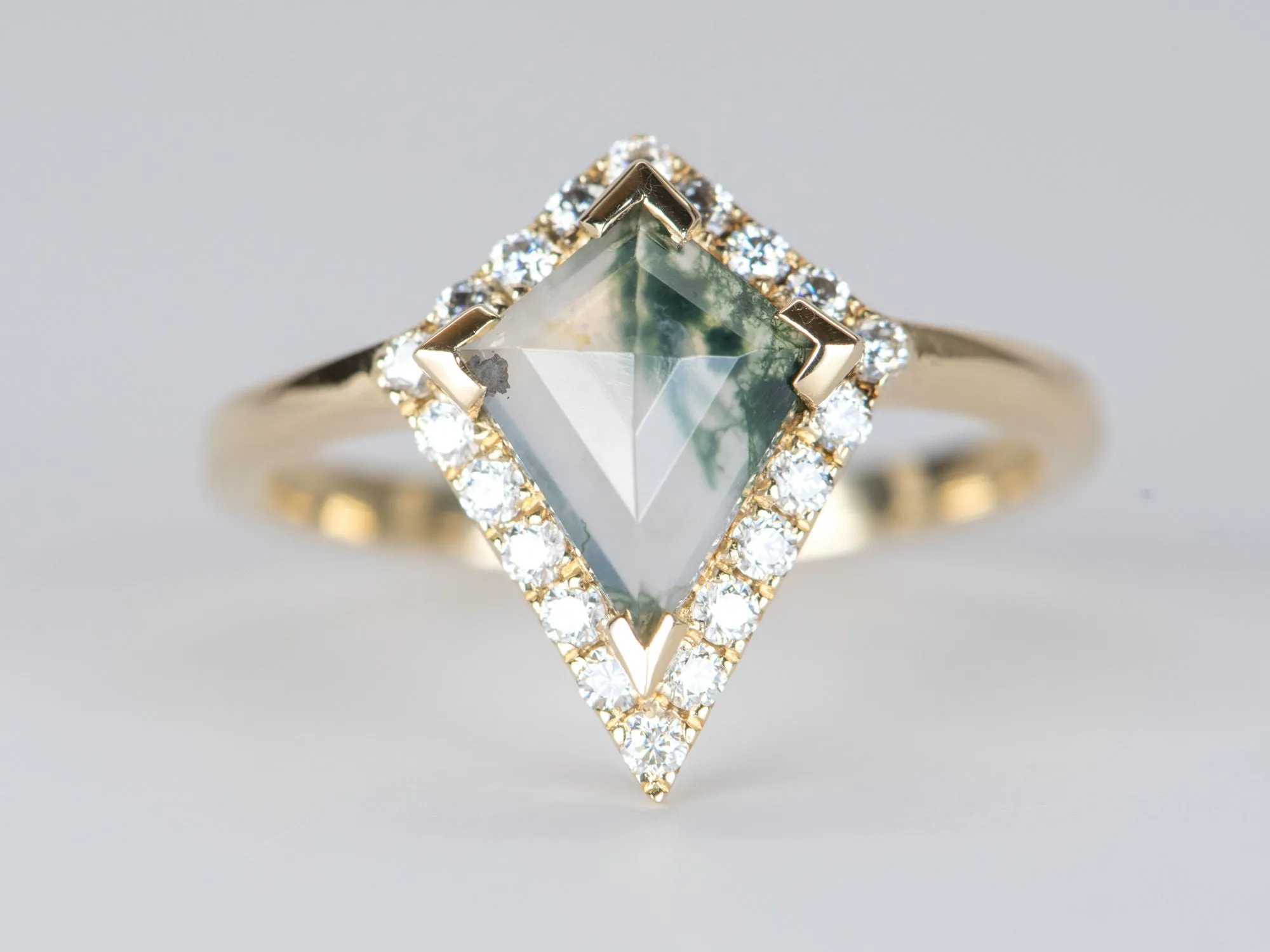 Kite Shape Moss Agate with Moissanite Halo 14K Yellow Gold Engagement Ring R6312