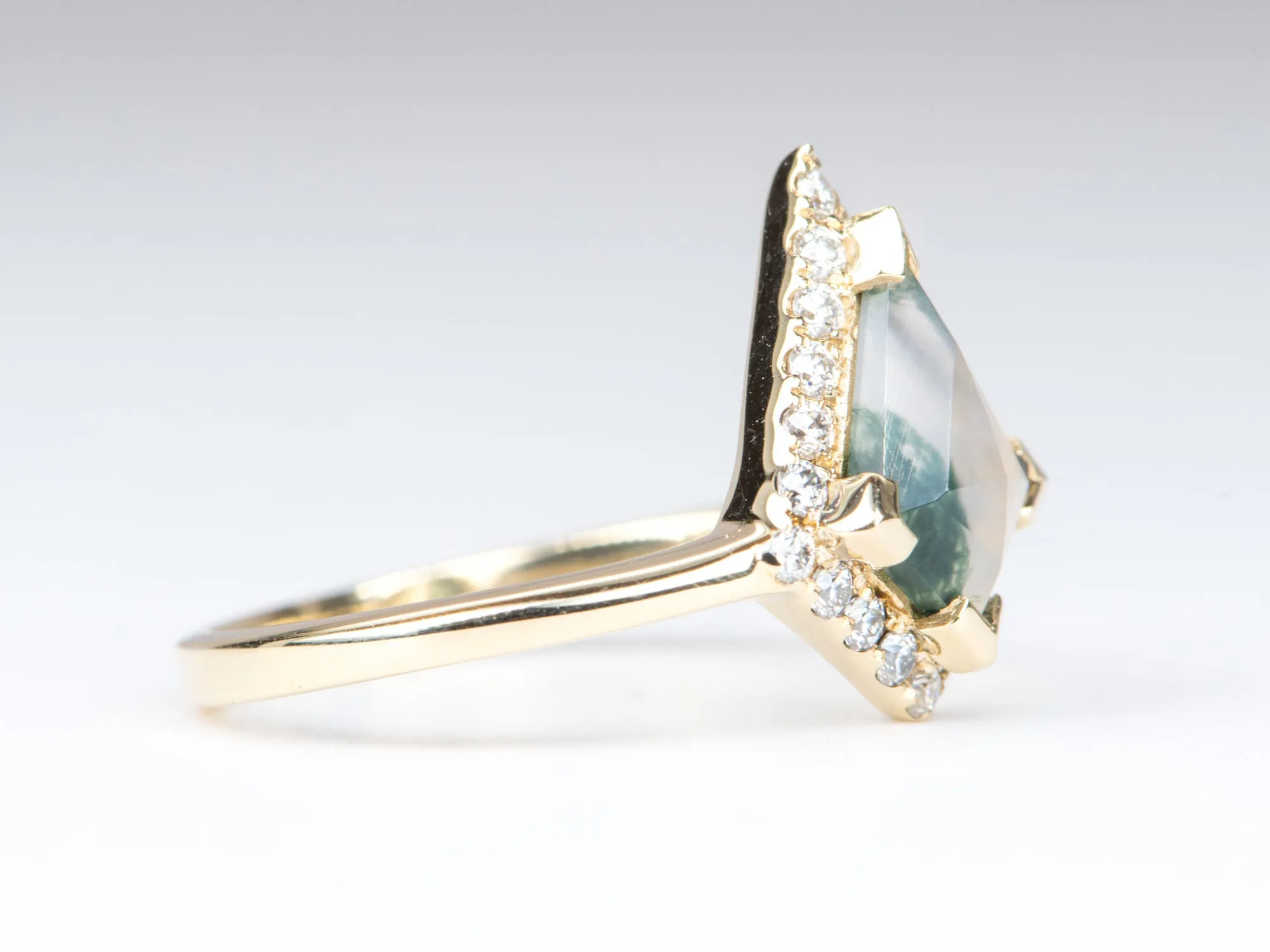 Kite Shape Moss Agate with Moissanite Halo 14K Yellow Gold Engagement Ring R6312