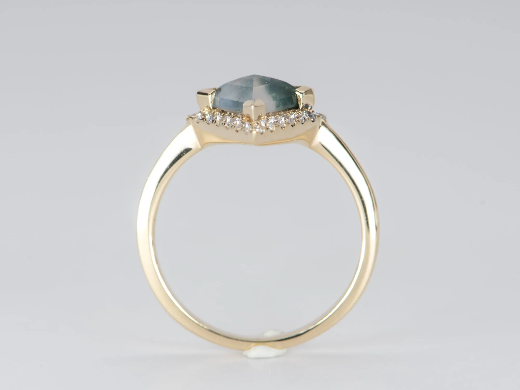 Kite Shape Moss Agate with Moissanite Halo 14K Yellow Gold Engagement Ring R6312